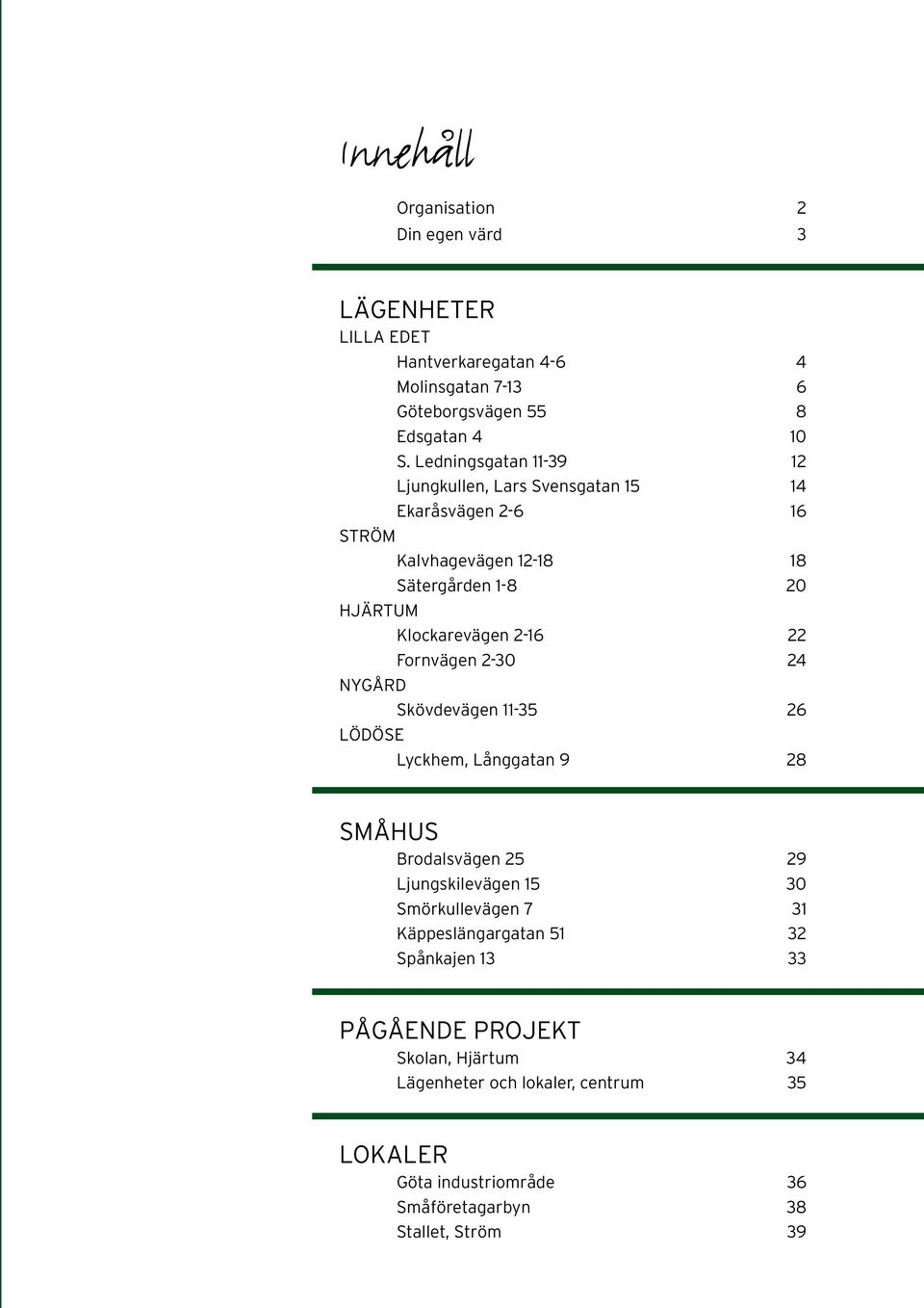 Fornvägen 2-30 24 Nygård Skövdevägen 11-35 26 LÖDÖSE Lyckhem, Långgatan 9 28 SMÅHUS Brodalsvägen 25 29 Ljungskilevägen 15 30 Smörkullevägen 7 31