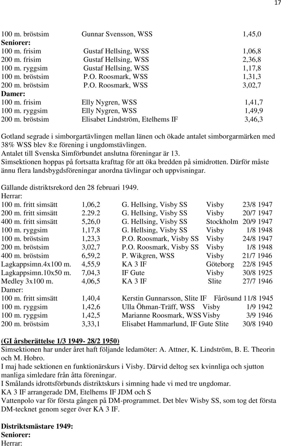 bröstsim Elisabet Lindström, Etelhems IF 3,46,3 Gotland segrade i simborgartävlingen mellan länen och ökade antalet simborgarmärken med 38% WSS blev 8:e förening i ungdomstävlingen.