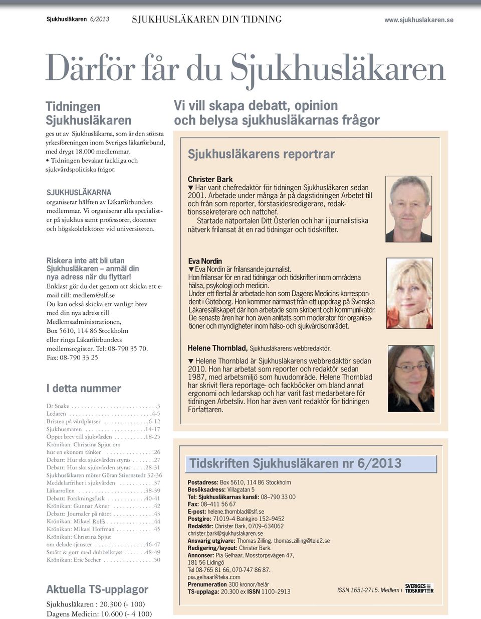 Tidningen bevakar fackliga och sjukvårdspolitiska frågor. SJUKHUSLÄKARNA organiserar hälften av Läkarförbundets medlemmar.