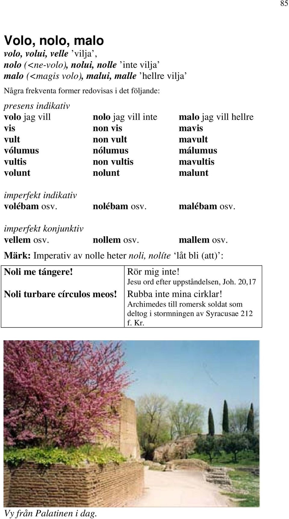 indikativ volébam osv. nolébam osv. malébam osv. imperfekt konjunktiv vellem osv. nollem osv. mallem osv. Märk: Imperativ av nolle heter noli, nolíte låt bli (att) : Noli me tángere!