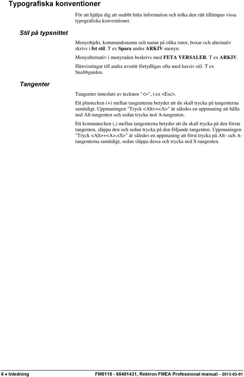 Menyalternativ i menyraden beskrivs med FETA VERSALER. T ex ARKIV. Hänvisningar till andra avsnitt förtydligas ofta med kursiv stil. T ex Snabbguiden. Tangenter innesluts av tecknen "<>", t ex <Esc>.