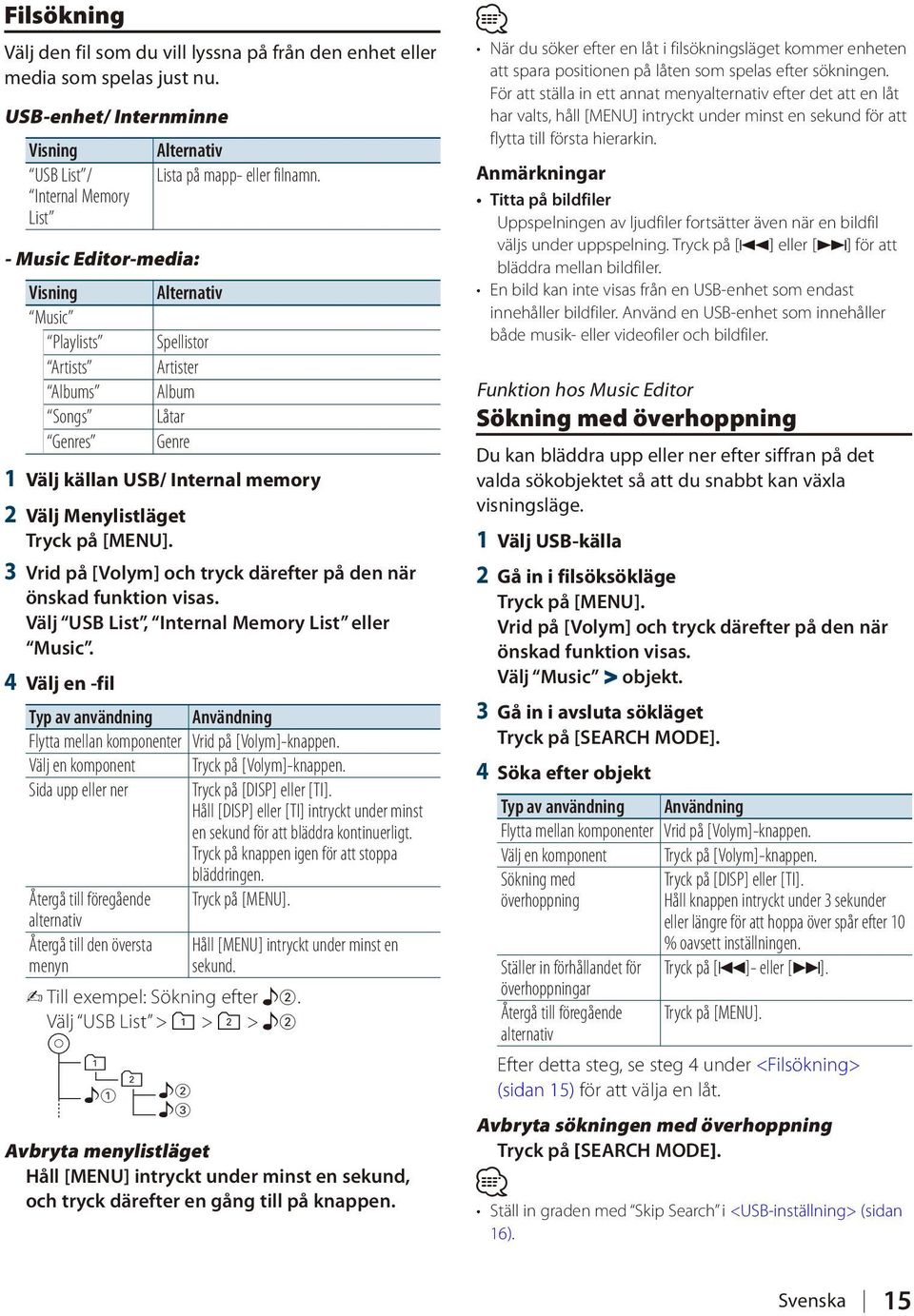 USB List, Internal Memory List eller Music. 4 Välj en -fil Typ av användning Användning Flytta mellan komponenter Vrid på [Volym]-knappen. Välj en komponent Tryck på [Volym]-knappen.