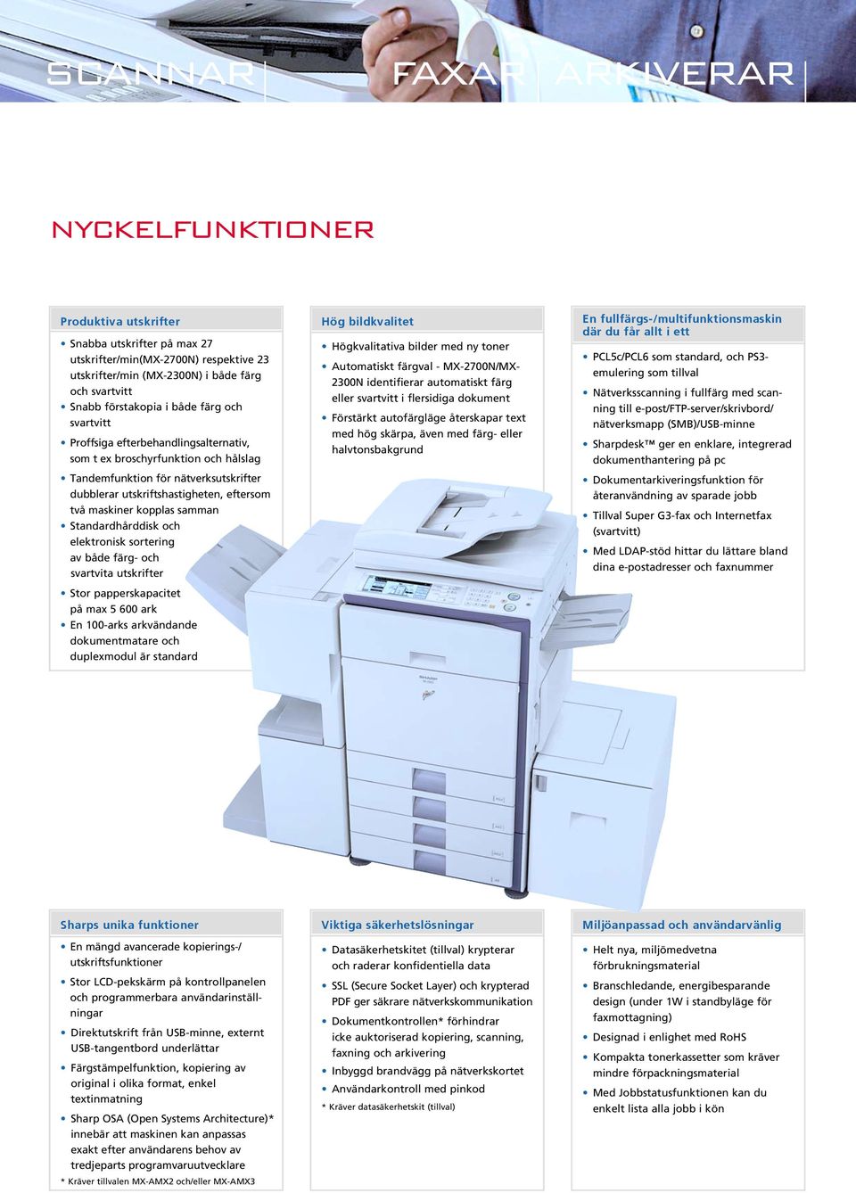 kopplas samman Standardhårddisk och elektronisk sortering av både färg- och svartvita utskrifter Stor papperskapacitet på max 5 600 ark En 100-arks arkvändande dokumentmatare och duplexmodul är