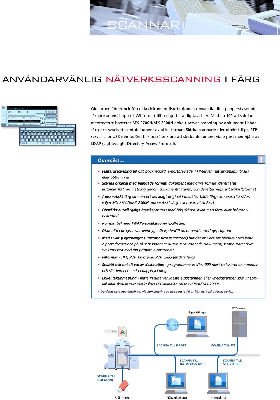 Skicka scannade filer direkt till pc, FTPserver eller USB-minne. Det blir också enklare att skicka dokument via e-post med hjälp av LDAP (Lightweight Directory Access Protocol). Översikt.