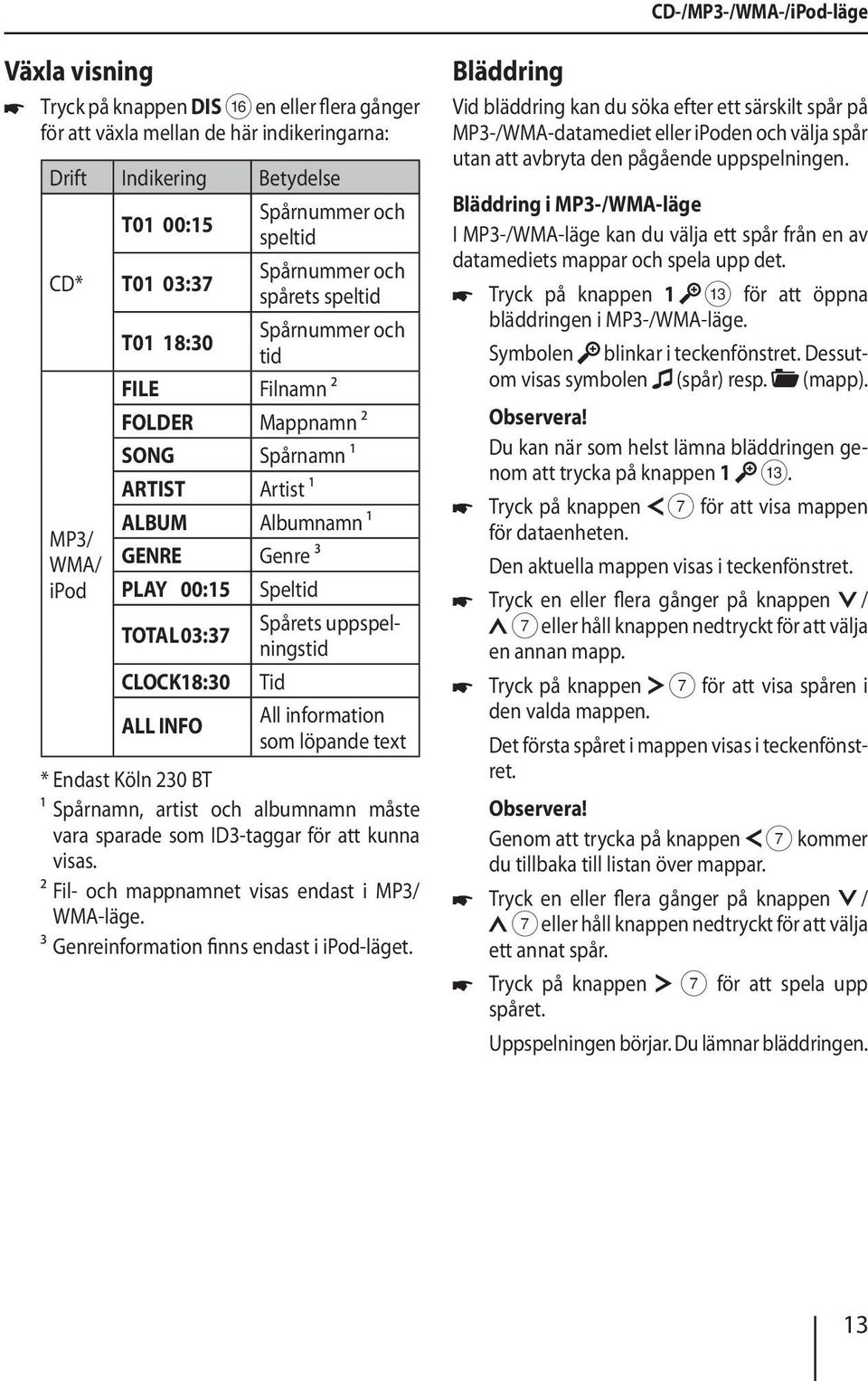 TOTAL03:37 Spårets uppspelningstid CLOCK18:30 Tid ALL INFO All information som löpande text * Endast Köln 230 BT ¹ Spårnamn, artist och albumnamn måste vara sparade som ID3-taggar för att kunna visas.