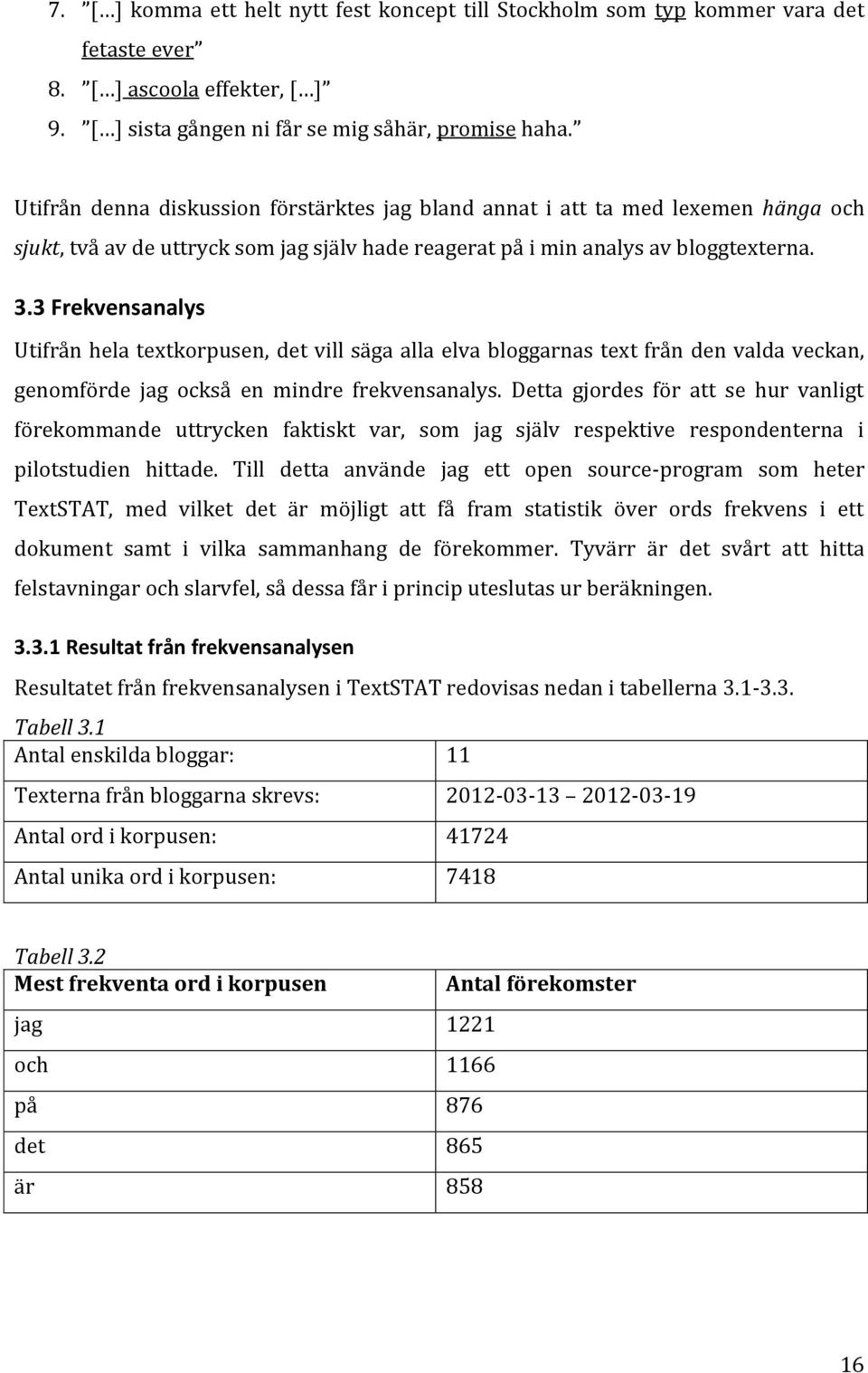 3 Frekvensanalys Utifrån hela textkorpusen, det vill säga alla elva bloggarnas text från den valda veckan, genomförde jag också en mindre frekvensanalys.