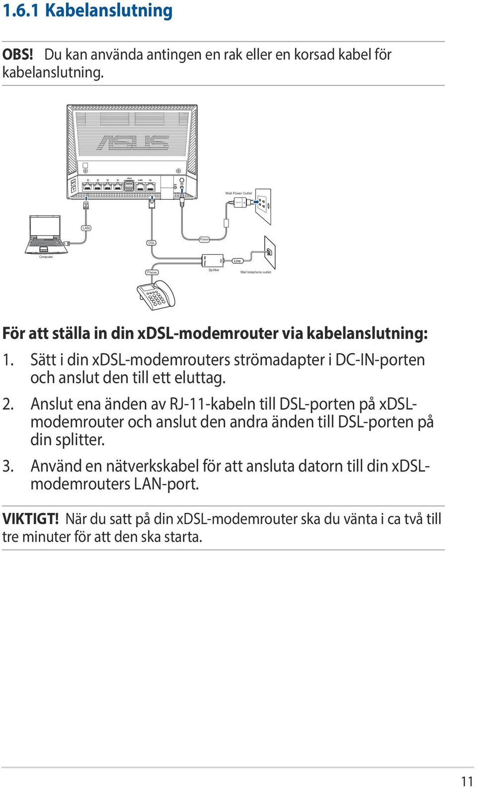 Sätt i din xdsl-modemrouters strömadapter i DC-IN-porten och anslut den till ett eluttag. 2.