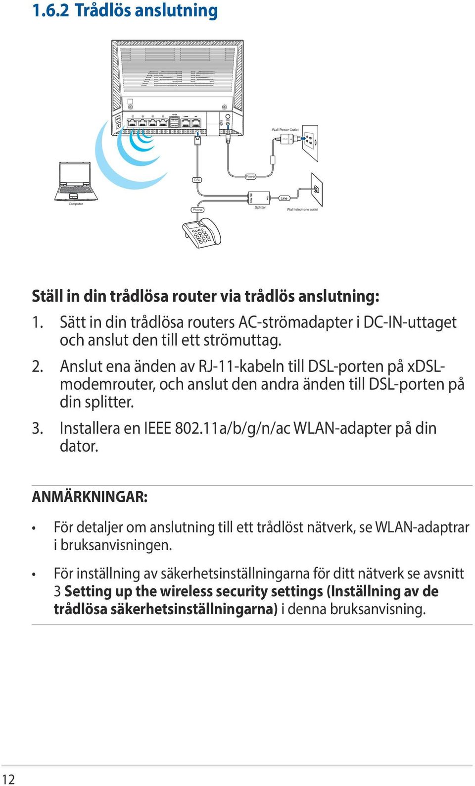 Anslut ena änden av RJ-11-kabeln till DSL-porten på xdslmodemrouter, och anslut den andra änden till DSL-porten på din splitter. 3. Installera en IEEE 802.