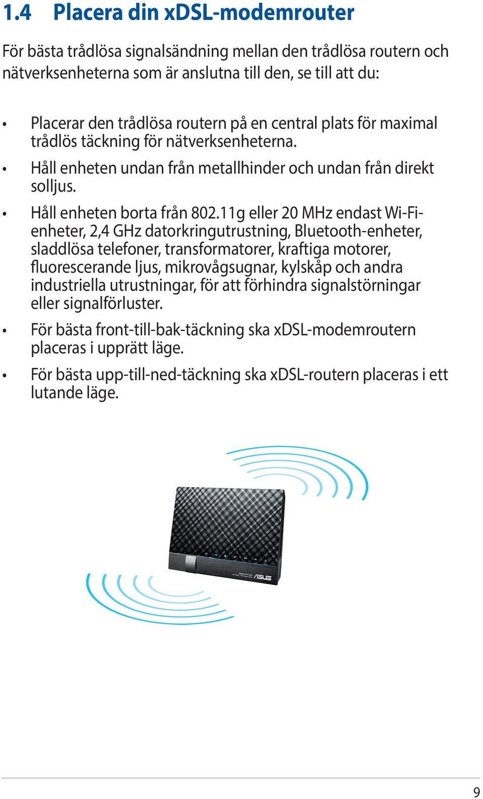 11g eller 20 MHz endast Wi-Fienheter, 2,4 GHz datorkringutrustning, Bluetooth-enheter, sladdlösa telefoner, transformatorer, kraftiga motorer, fluorescerande ljus, mikrovågsugnar, kylskåp och andra