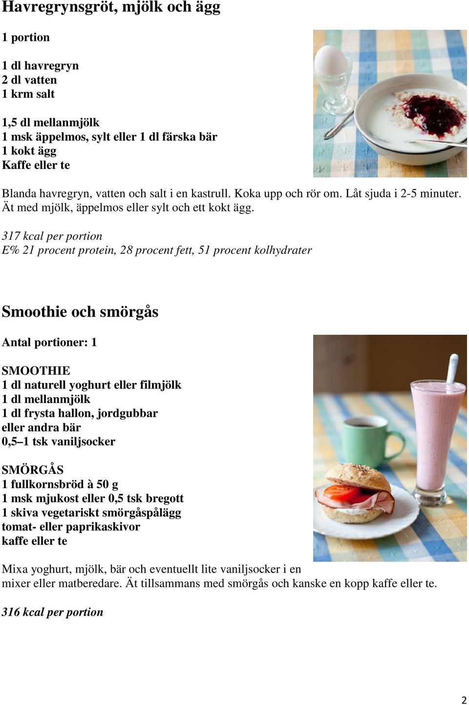 317 kcal per portion E% 21 procent protein, 28 procent fett, 51 procent kolhydrater Smoothie och smörgås Antal portioner: 1 SMOOTHIE 1 dl naturell yoghurt eller filmjölk 1 dl mellanmjölk 1 dl frysta