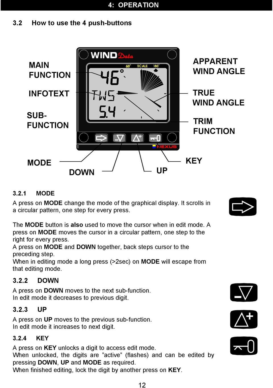 A press on MODE moves the cursor in a circular pattern, one step to the right for every press. A press on MODE and DOWN together, back steps cursor to the preceding step.