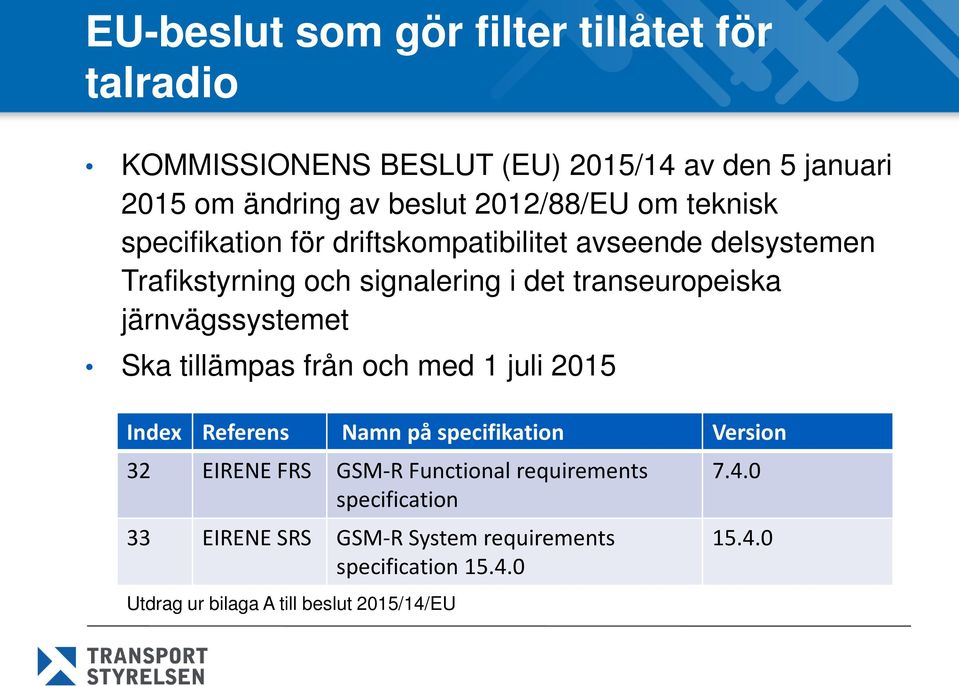 transeuropeiska järnvägssystemet Ska tillämpas från och med 1 juli 2015 Index Referens Namn på specifikation Version 32 EIRENE FRS