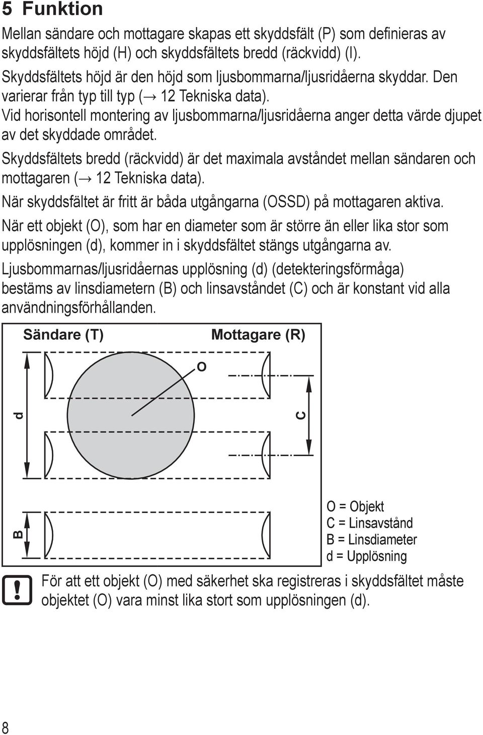 Vid horisontell montering av ljusbommarna/ljusridåerna anger detta värde djupet av det skyddade området.