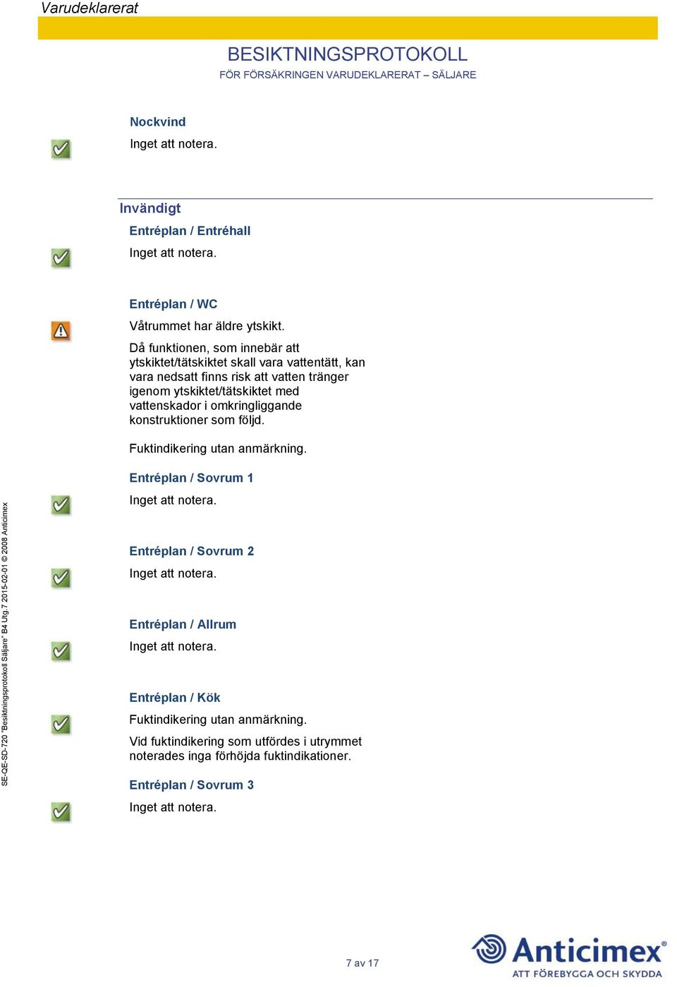 ytskiktet/tätskiktet med vattenskador i omkringliggande konstruktioner som följd. Fuktindikering utan anmärkning.