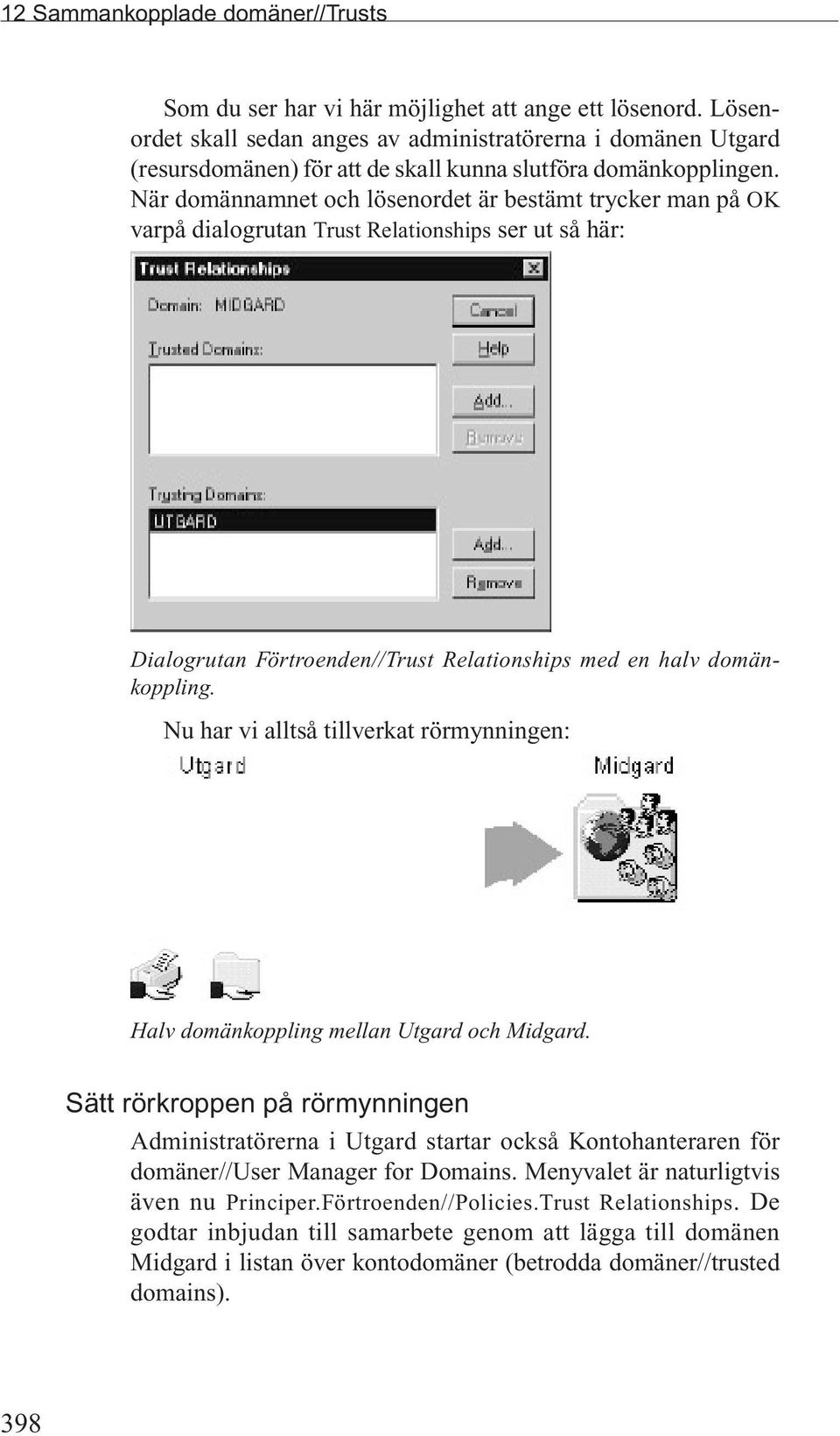 När domännamnet och lösenordet är bestämt trycker man på OK varpå dialogrutan Trust Relationships ser ut så här: Dialogrutan Förtroenden//Trust Relationships med en halv domänkoppling.