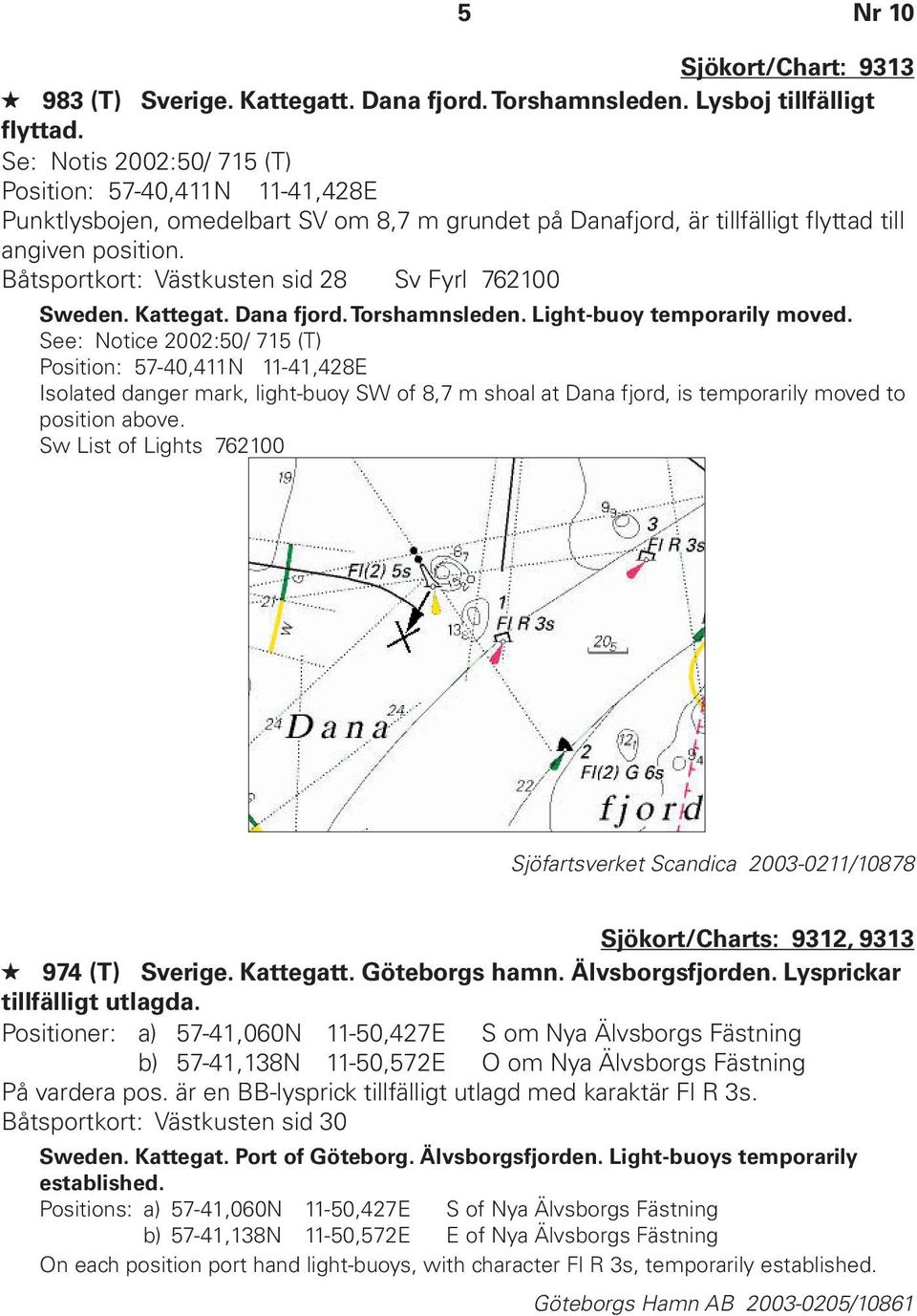 Båtsportkort: Västkusten sid 28 Sv Fyrl 762100 Sweden. Kattegat. Dana fjord. Torshamnsleden. Light-buoy temporarily moved.