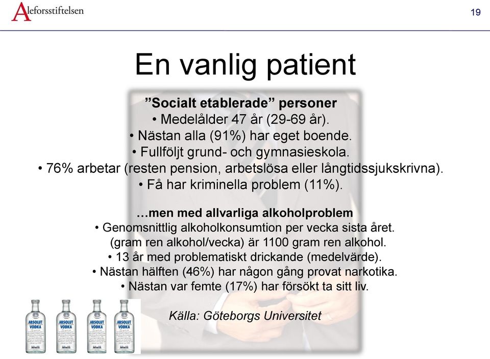 men med allvarliga alkoholproblem Genomsnittlig alkoholkonsumtion per vecka sista året. (gram ren alkohol/vecka) är 1100 gram ren alkohol.