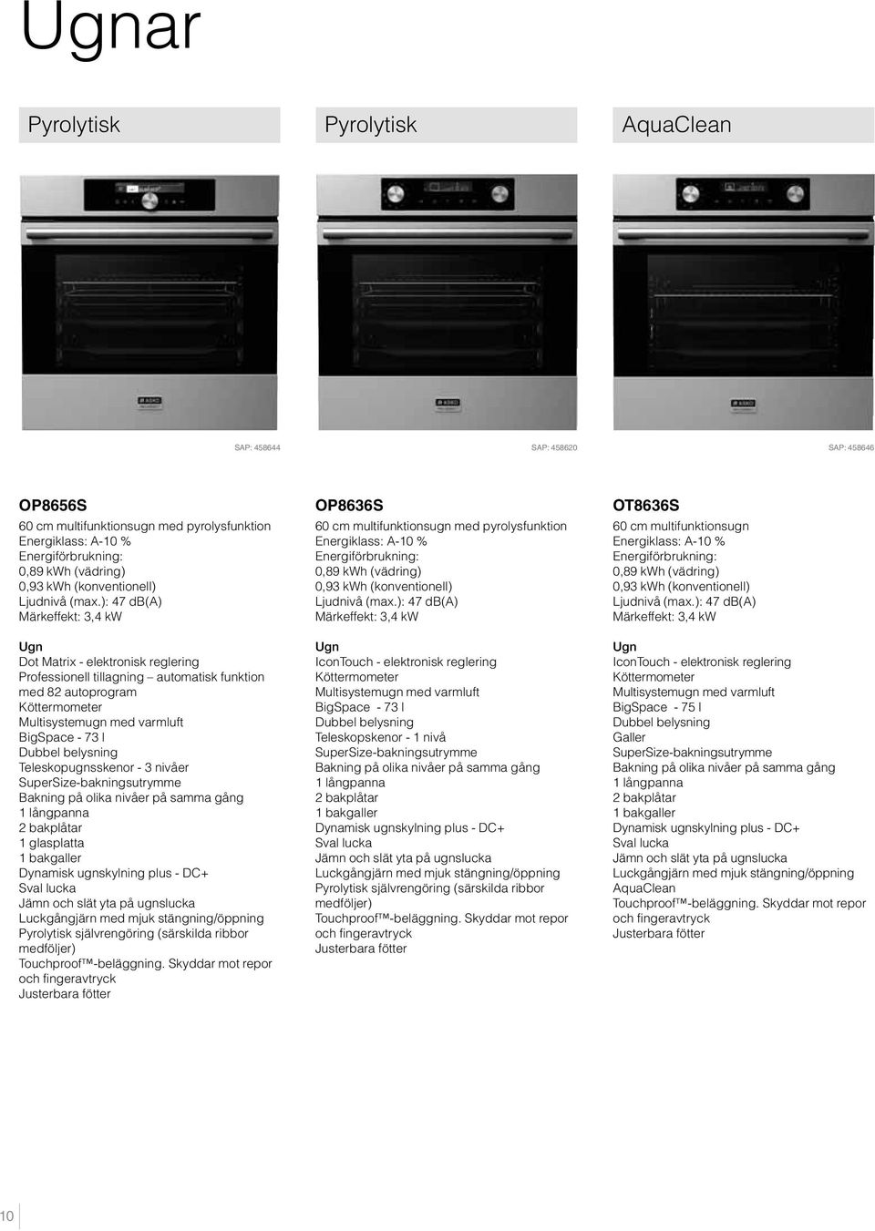 ): 47 db(a) Märkeffekt: 3,4 kw Ugn Dot Matrix - elektronisk reglering Professionell tillagning automatisk funktion med 82 autoprogram Köttermometer Multisystemugn med varmluft BigSpace - 73 l Dubbel