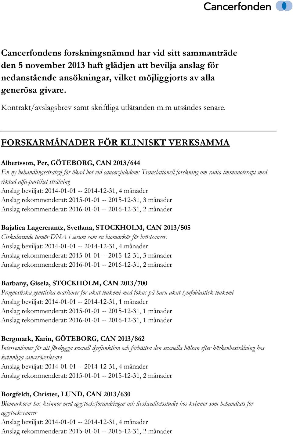 FORSKARMÅNADER FÖR KLINISKT VERKSAMMA Albertsson, Per, GÖTEBORG, CAN 2013/644 En ny behandlingsstrategi för ökad bot vid cancersjukdom: Translationell forskning om radio-immunoterapi med riktad