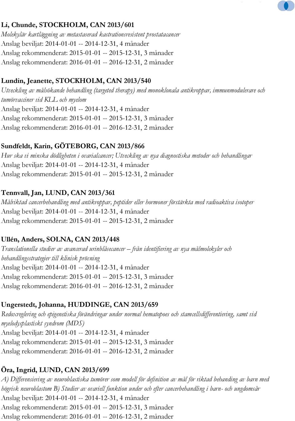 KLL och myelom Anslag rekommenderat: 2015-01-01 -- 2015-12-31, 3 månader Anslag rekommenderat: 2016-01-01 -- 2016-12-31, 2 månader Sundfeldt, Karin, GÖTEBORG, CAN 2013/866 Hur ska vi minska