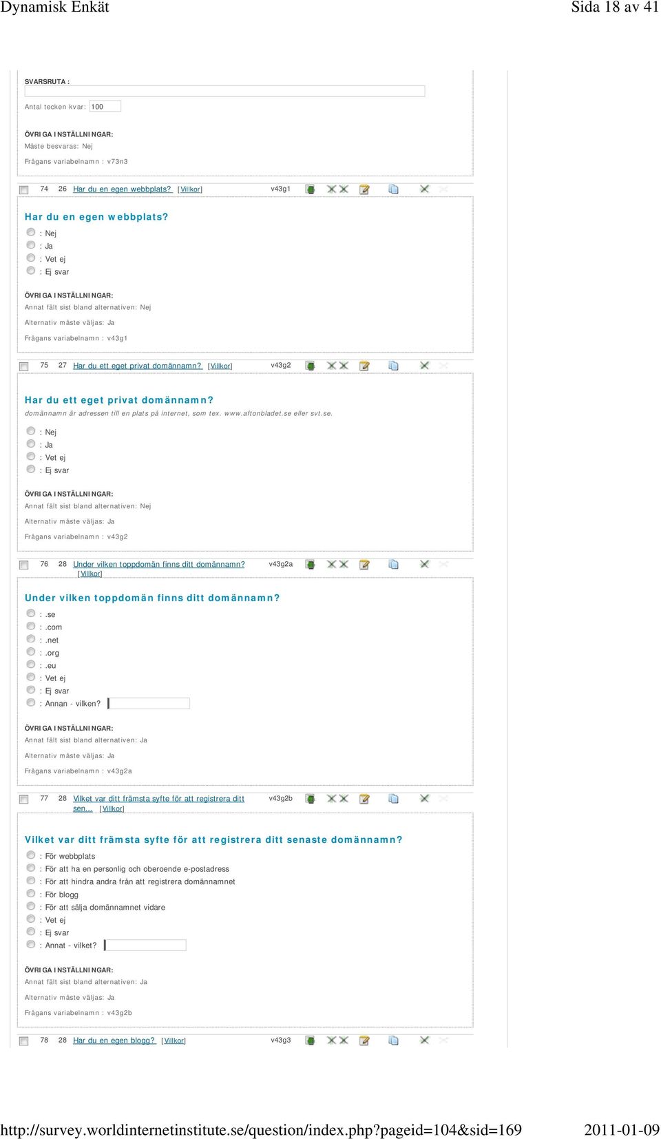 till en plats på internet, som tex. www.aftonbladet.se eller svt.se. Frågans variabelnamn : v43g2 76 28 Under vilken toppdomän finns ditt domännamn? v43g2a Under vilken toppdomän finns ditt domännamn?