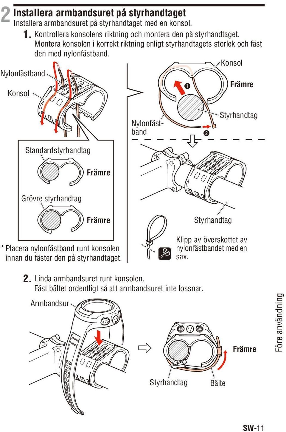 Konsol Nylonfästband 1 Främre Konsol Nylonfästband 2 Styrhandtag Standardstyrhandtag Främre Grövre styrhandtag Främre * Placera nylonfästband runt konsolen innan du