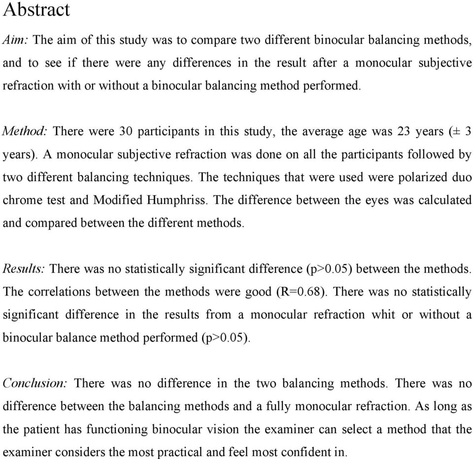 A monocular subjective refraction was done on all the participants followed by two different balancing techniques. The techniques that were used were polarized duo chrome test and Modified Humphriss.