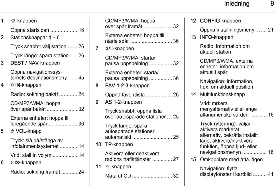 .. 14 Vrid: ställ in volym... 14 6 u-knappen Radio: sökning framåt... 24 CD/MP3/WMA: hoppa över spår framåt... 32 Externa enheter: hoppa till nästa spår.