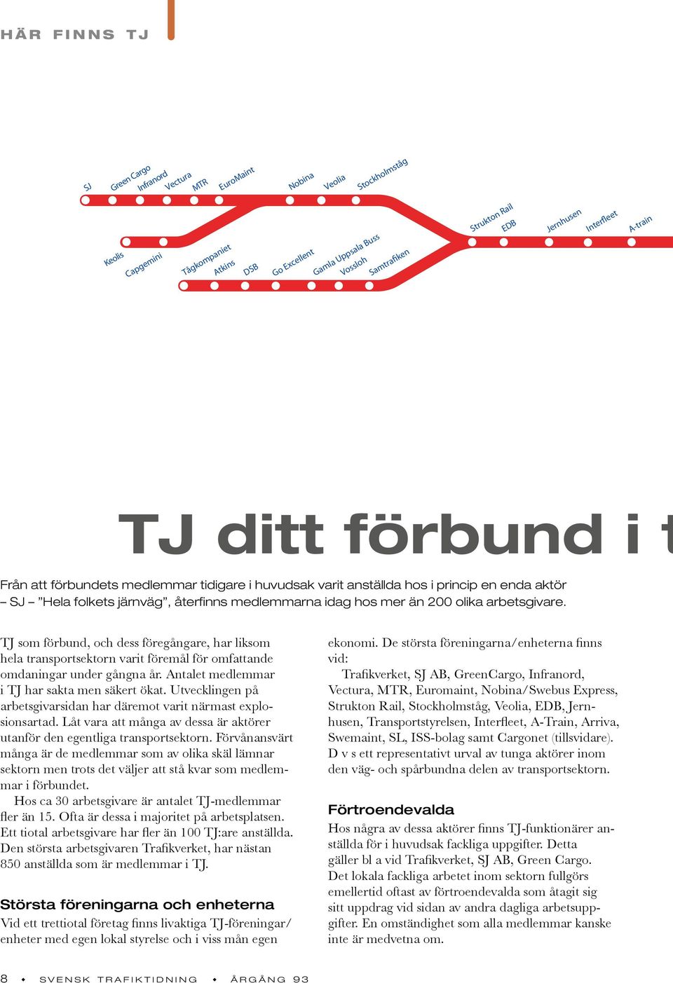 medlemmarna idag hos mer än 200 olika arbetsgivare. TJ som förbund, och dess föregångare, har liksom hela transportsektorn varit föremål för omfattande omdaningar under gångna år.