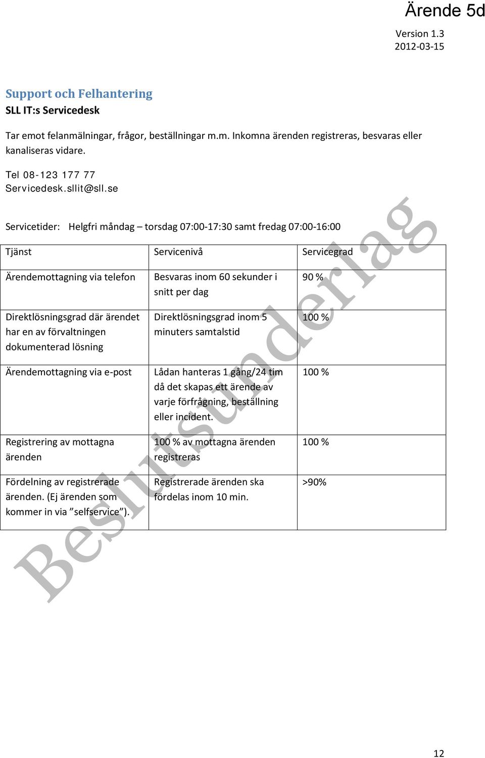 se Servicetider: Helgfri måndag torsdag 07:00-17:30 samt fredag 07:00-16:00 Tjänst Servicenivå Servicegrad Ärendemottagning via telefon Direktlösningsgrad där ärendet har en av förvaltningen