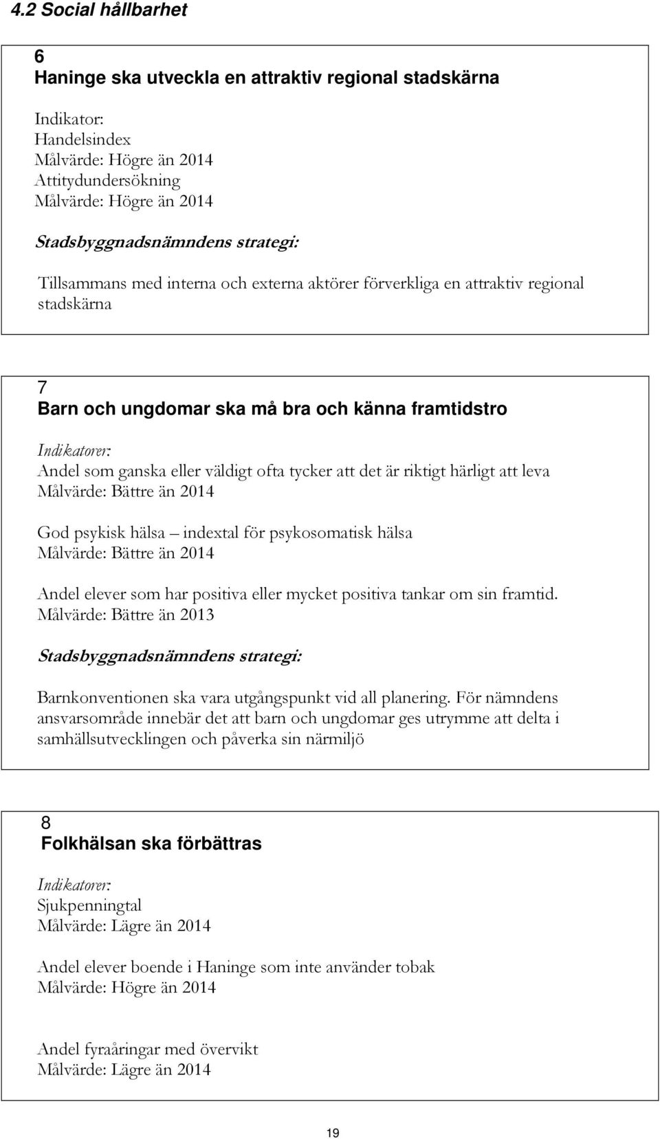 ofta tycker att det är riktigt härligt att leva Målvärde: Bättre än 2014 God psykisk hälsa indextal för psykosomatisk hälsa Målvärde: Bättre än 2014 Andel elever som har positiva eller mycket