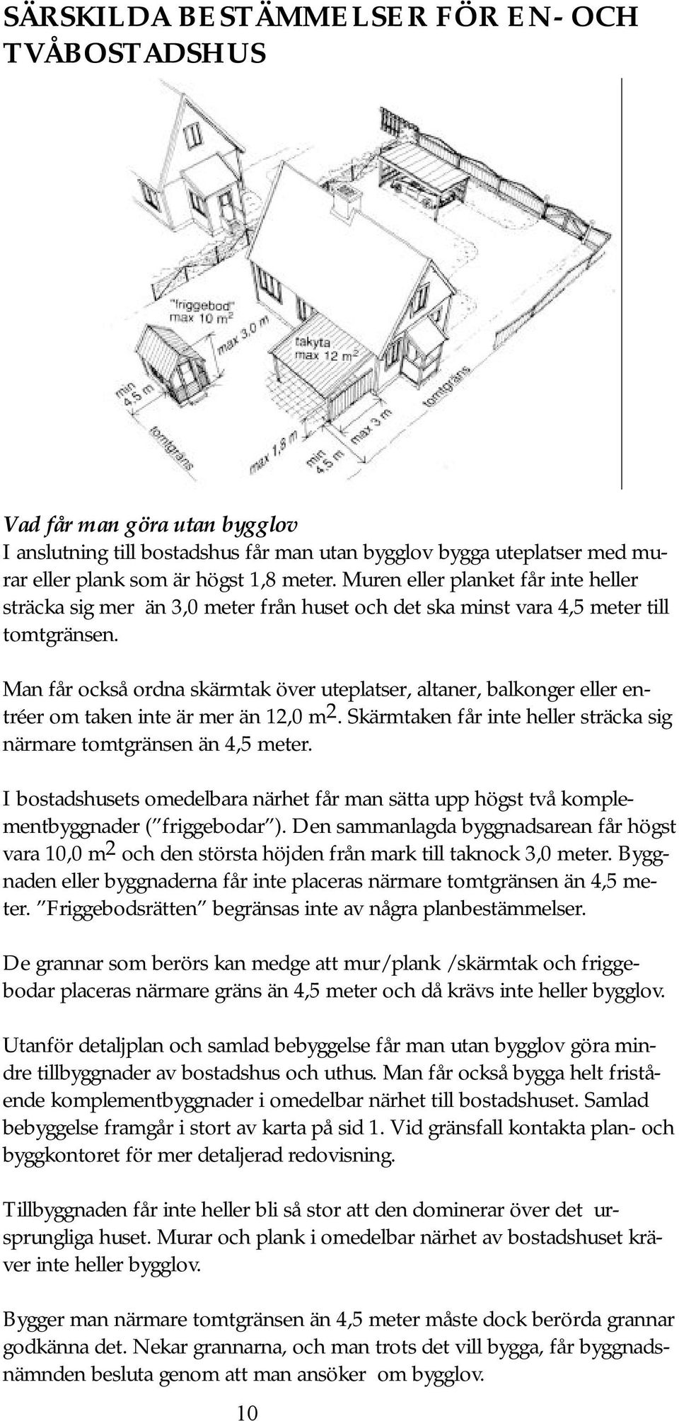 Man får också ordna skärmtak över uteplatser, altaner, balkonger eller entréer om taken inte är mer än 12,0 m2. Skärmtaken får inte heller sträcka sig närmare tomtgränsen än 4,5 meter.