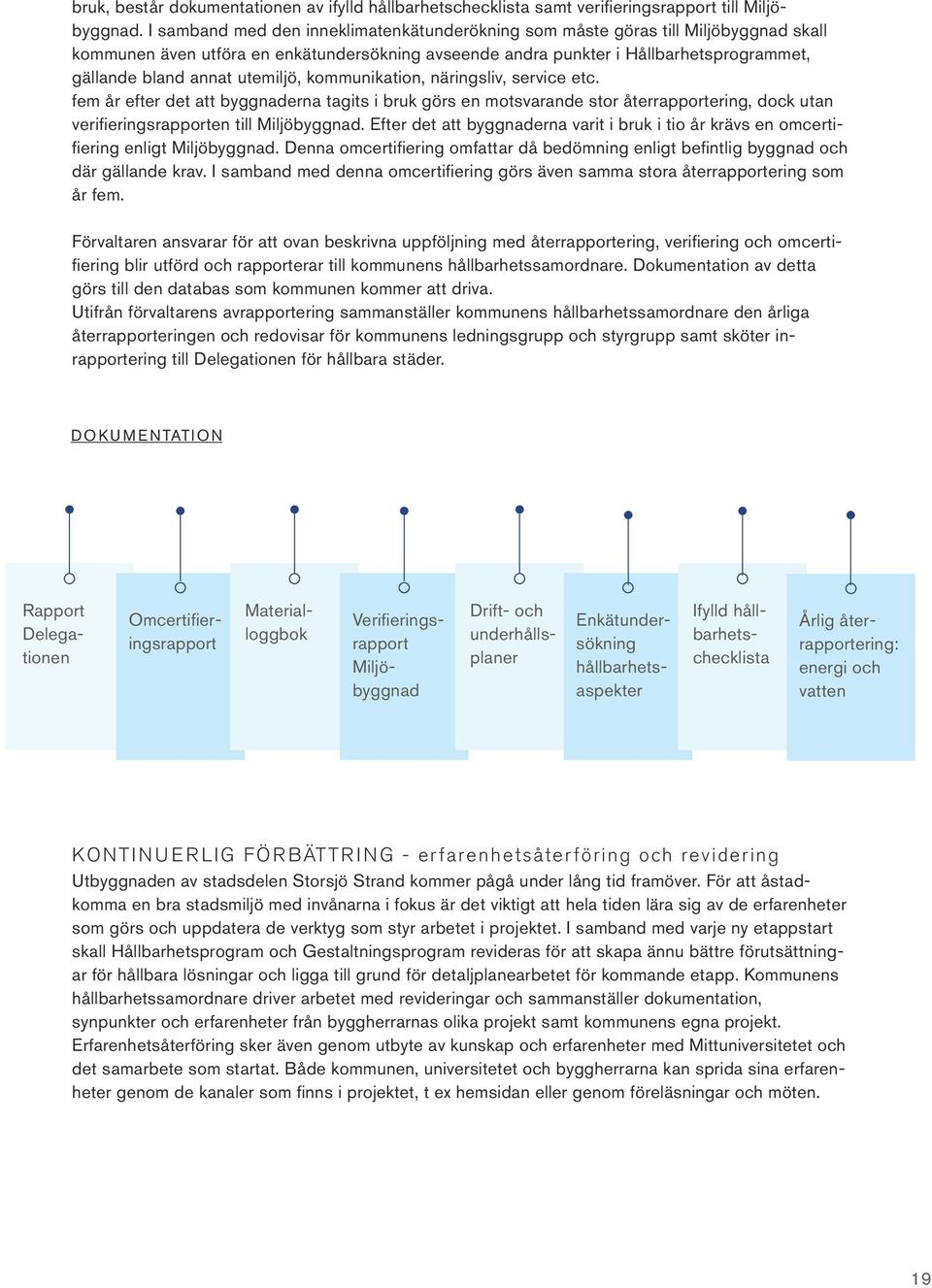 utemiljö, kommunikation, näringsliv, service etc. fem år efter det att byggnaderna tagits i bruk görs en motsvarande stor återrapportering, dock utan verifieringsrapporten till Miljöbyggnad.