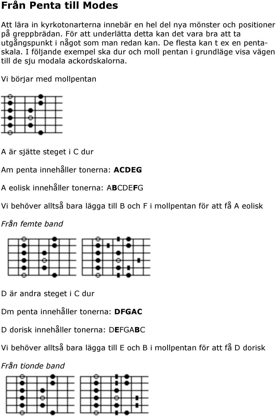 I följande exempel ska dur och moll pentan i grundläge visa vägen till de sju modala ackordskalorna.