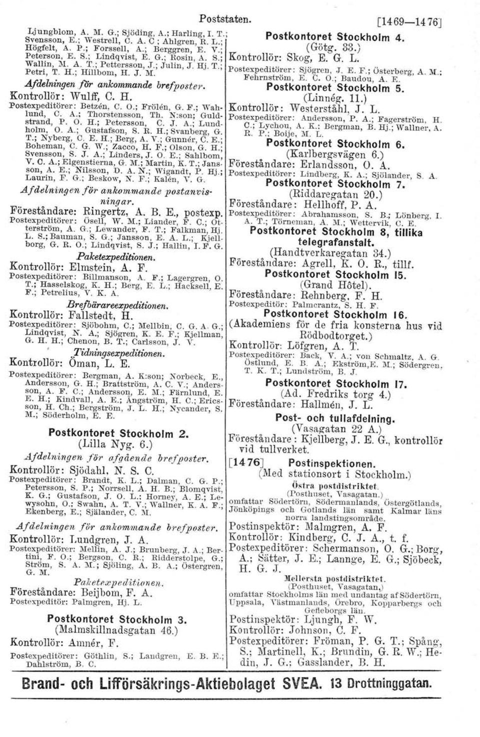 ; Österberg, A. M.; Petri, T. H.; Hillbom, H. J. M. Fehrnström, E. C. O.; Baudou, A. E. Afdelningen för ankommande brefposter, Postkontoret Stockholm 5. Kontrollör: Wulff, C. fl. (Linneg. 11.