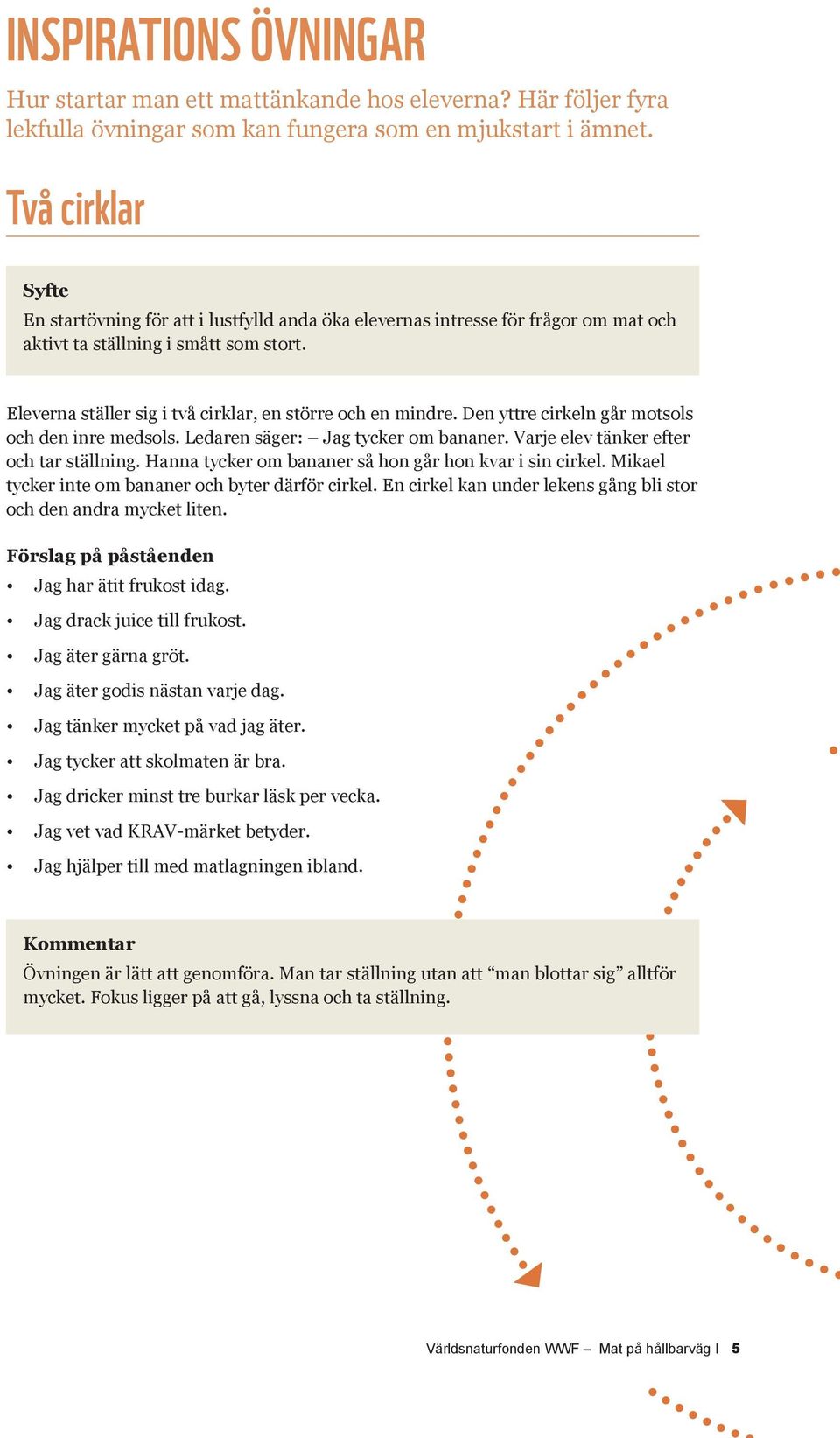 Den yttre cirkeln går motsols och den inre medsols. Ledaren säger: Jag tycker om bananer. Varje elev tänker efter och tar ställning. Hanna tycker om bananer så hon går hon kvar i sin cirkel.