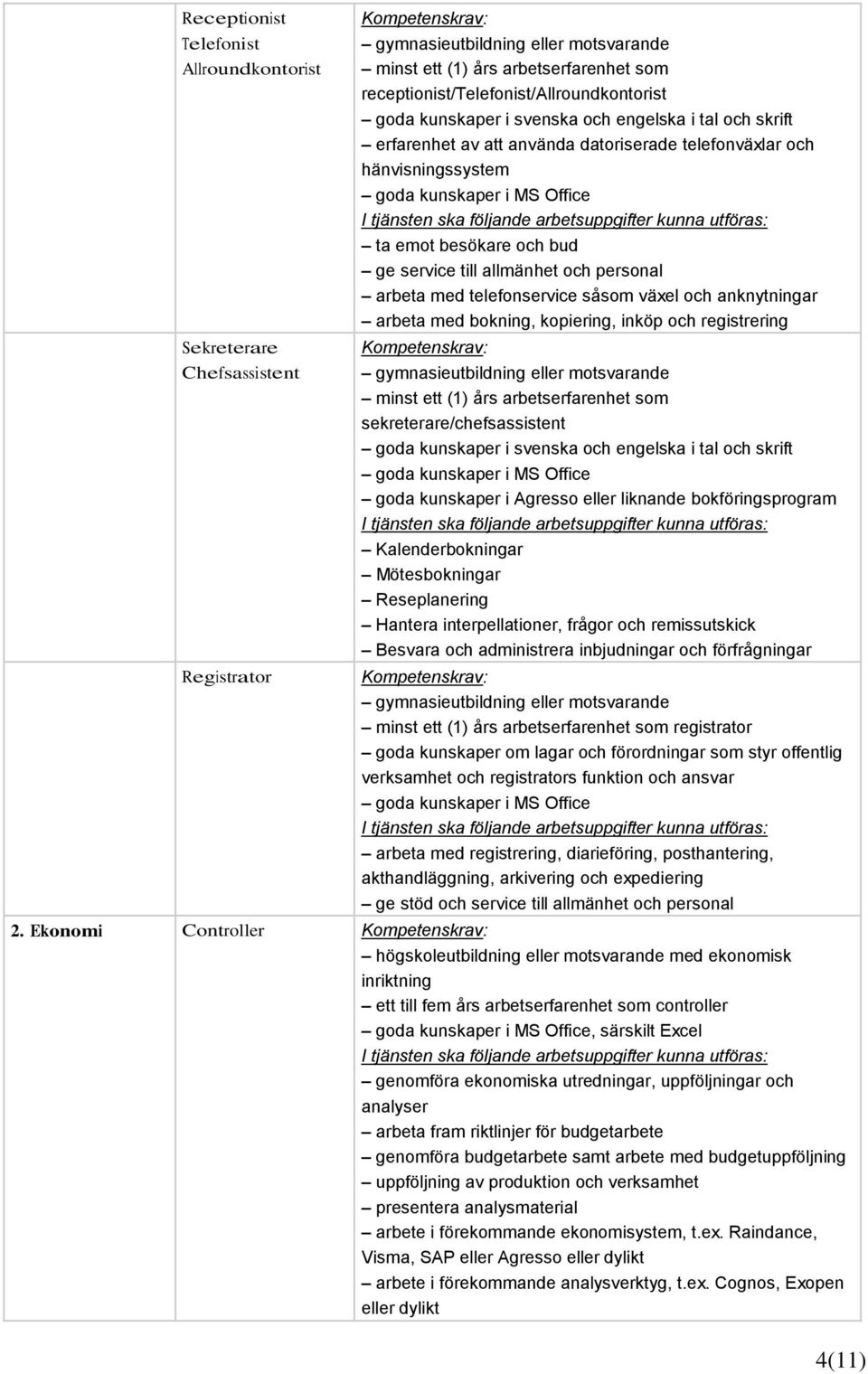 anknytningar arbeta med bokning, kopiering, inköp och registrering minst ett (1) års arbetserfarenhet som sekreterare/chefsassistent goda kunskaper i svenska och engelska i tal och skrift goda