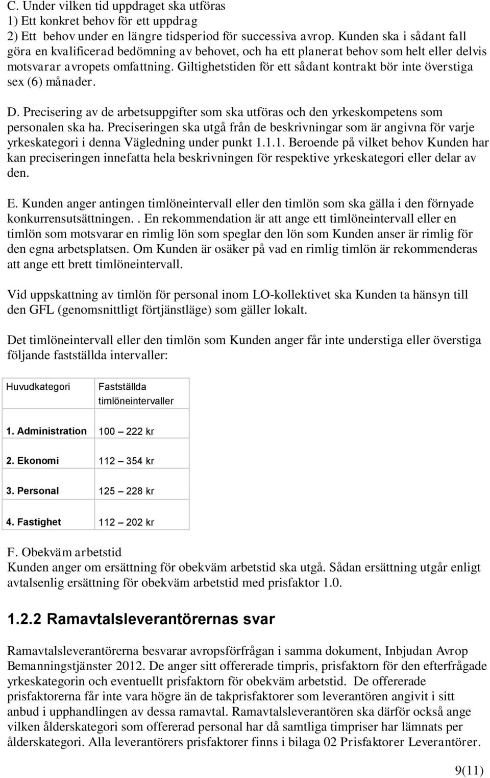 Giltighetstiden för ett sådant kontrakt bör inte överstiga sex (6) månader. D. Precisering av de arbetsuppgifter som ska utföras och den yrkeskompetens som personalen ska ha.