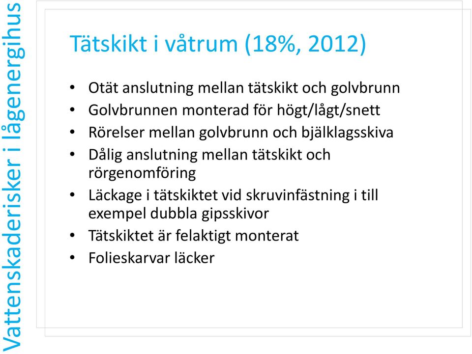 bjälklagsskiva Dålig anslutning mellan tätskikt och rörgenomföring Läckage i