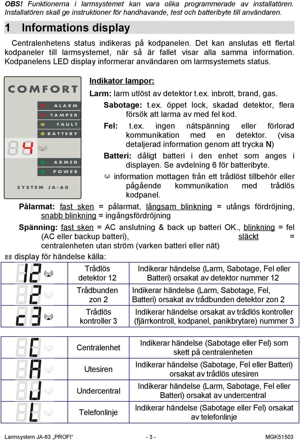 Kodpanelens LED display informerar användaren om larmsystemets status. Indikator lampor: Larm: larm utlöst av detektor t.ex. inbrott, brand, gas. Sabotage: t.ex. öppet lock, skadad detektor, flera försök att larma av med fel kod.