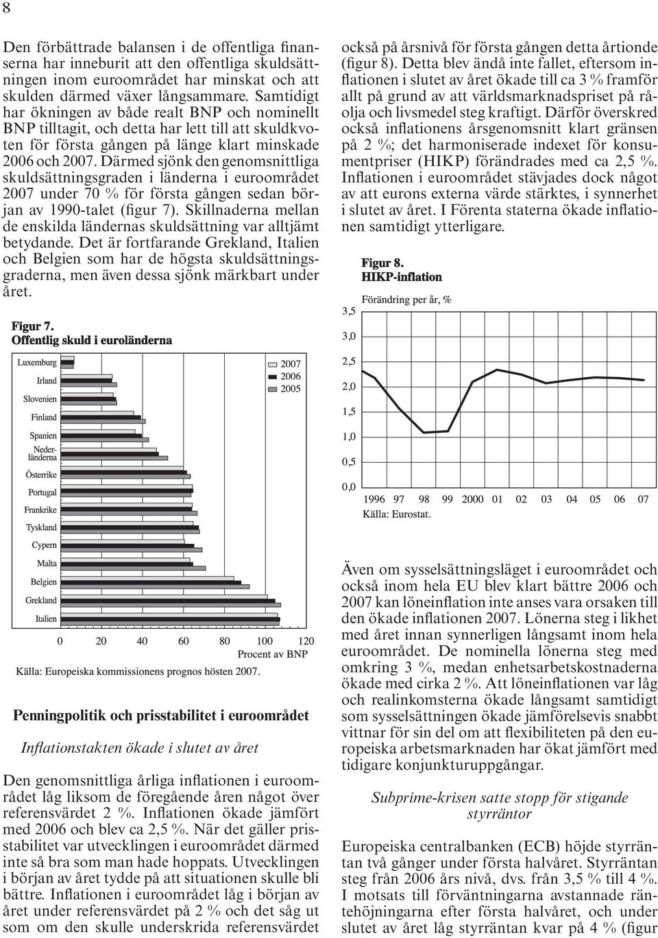 Därmed sjönk den genomsnittliga skuldsättningsgraden i länderna i euroområdet 2007 under 70 % för första gången sedan början av 1990-talet (figur 7).