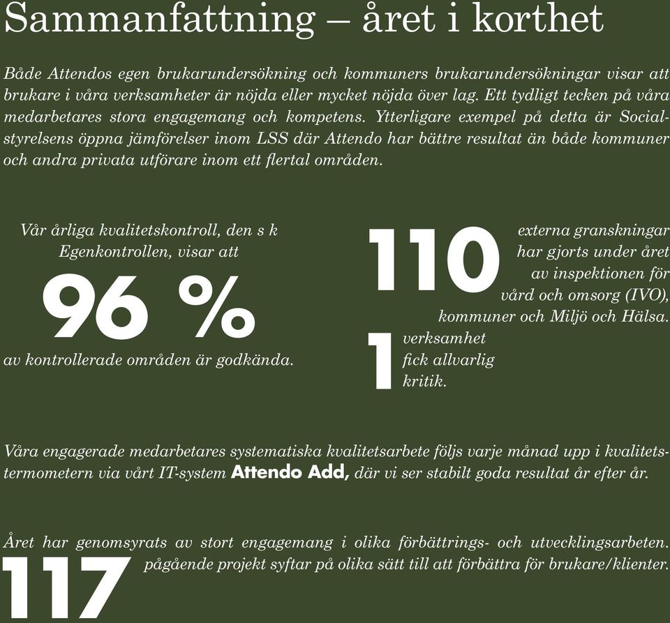 Ytterligare exempel på detta är Socialstyrelsens öppna jämförelser inom LSS där Attendo har bättre resultat än både kommuner och andra privata utförare inom ett flertal områden.