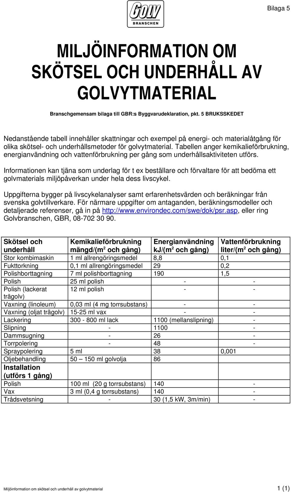 Tabellen anger kemikalieförbrukning, energianvändning och vattenförbrukning per gång som underhållsaktiviteten utförs.