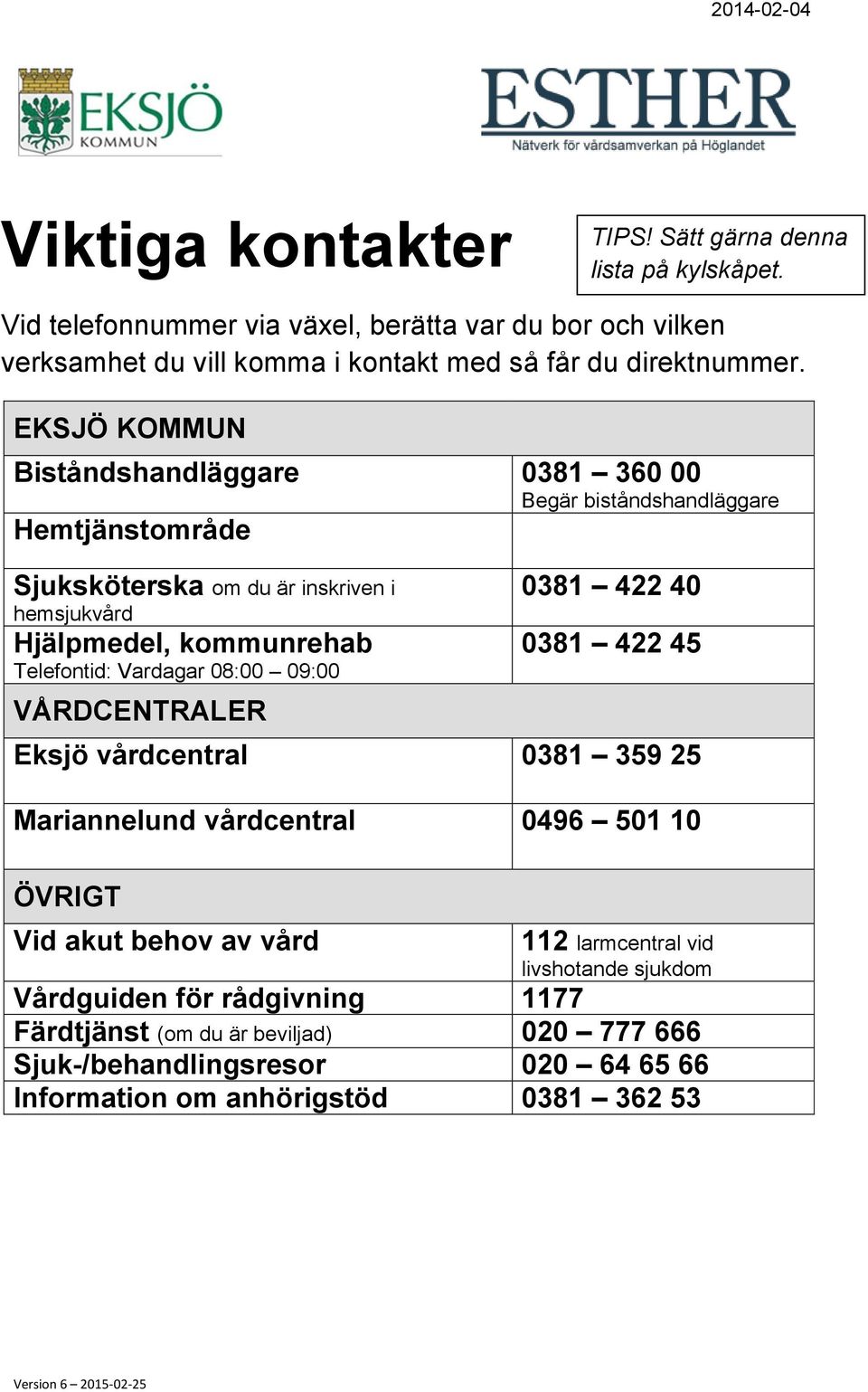 08:00 09:00 0381 422 40 0381 422 45 Eksjö vårdcentral 0381 359