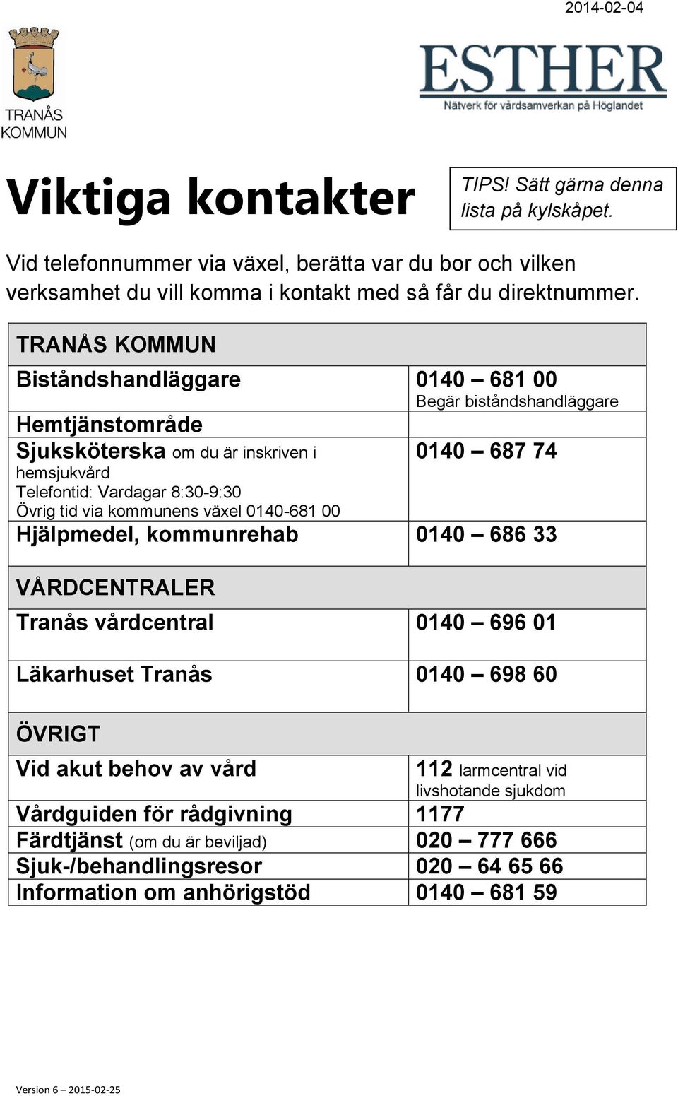 0140-681 00 Hjälpmedel, kommunrehab 0140 686 33 Tranås vårdcentral 0140