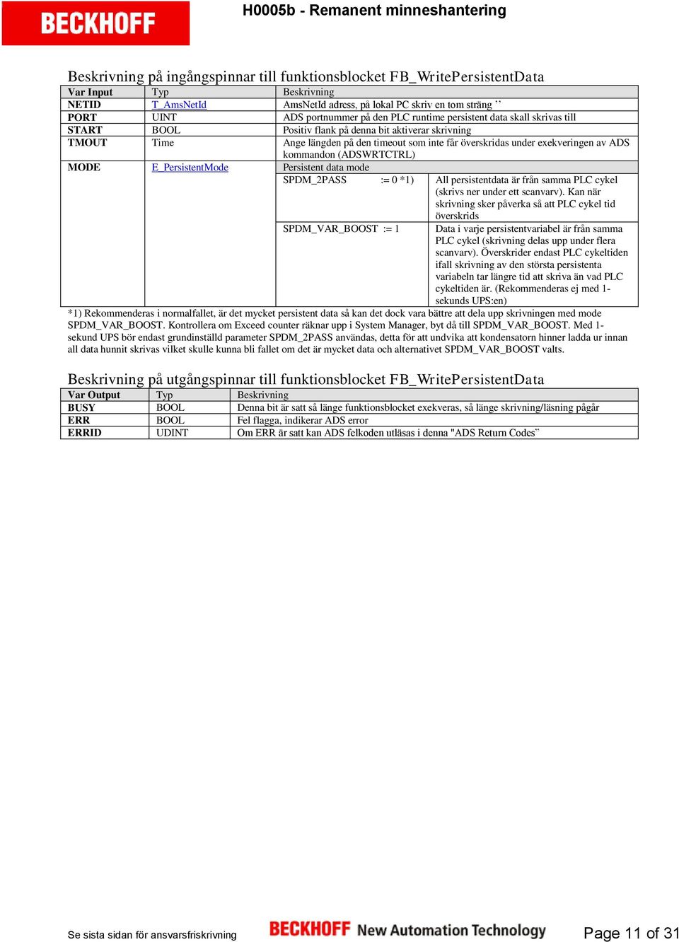 kommandon (ADSWRTCTRL) MODE E_PersistentMode Persistent data mode SPDM_2PASS := 0 *1) All persistentdata är från samma PLC cykel (skrivs ner under ett scanvarv).