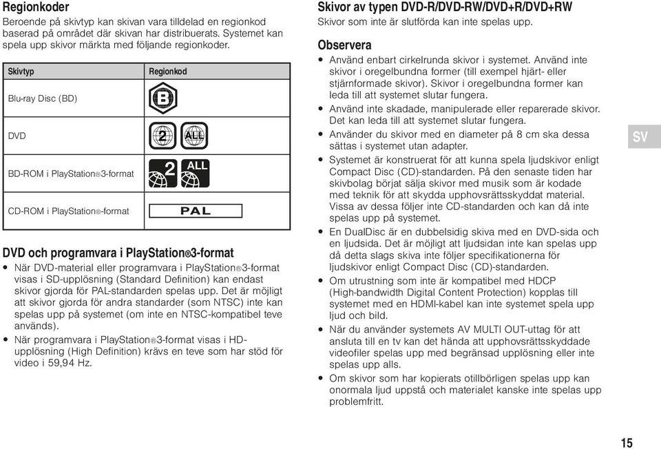 3-format visas i SD-upplösning (Standard Definition) kan endast skivor gjorda för PAL-standarden spelas upp.