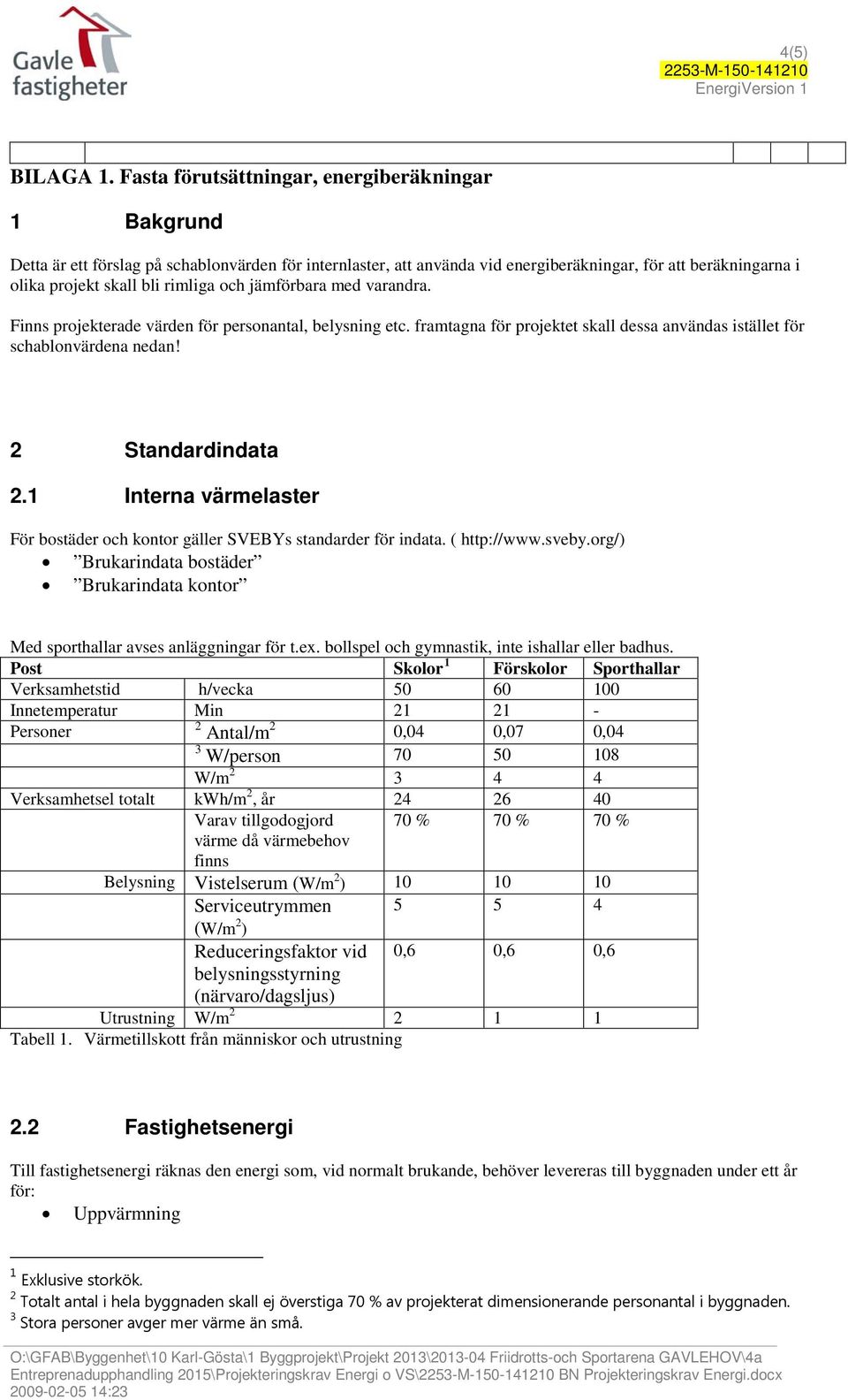 och jämförbara med varandra. Finns projekterade värden för personantal, belysning etc. framtagna för projektet skall dessa användas istället för schablonvärdena nedan! 2 Standardindata 2.