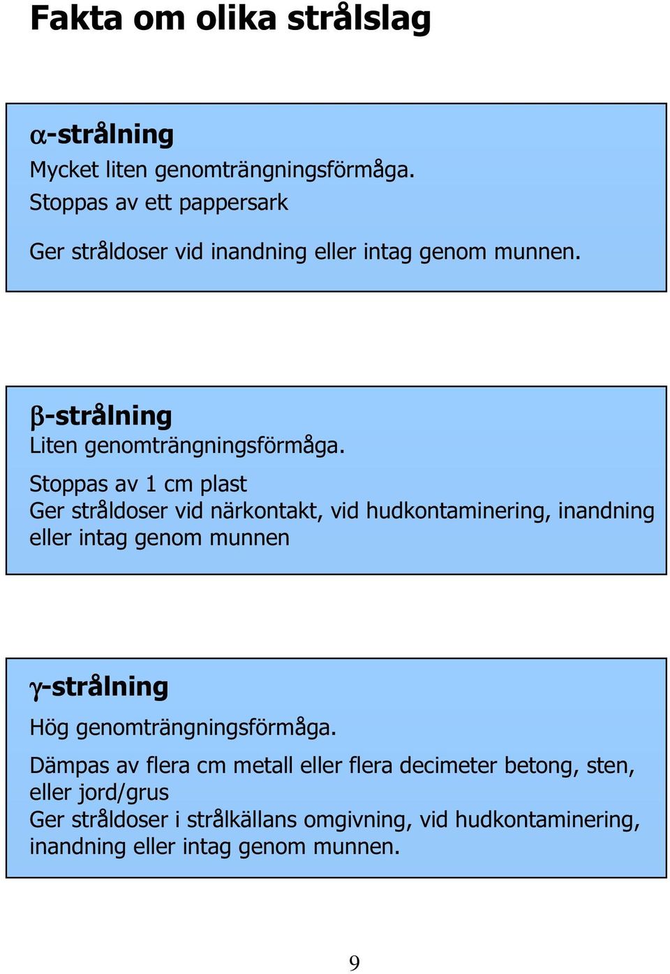 Stoppas av 1 cm plast Ger stråldoser vid närkontakt, vid hudkontaminering, inandning eller intag genom munnen γ-strålning Hög