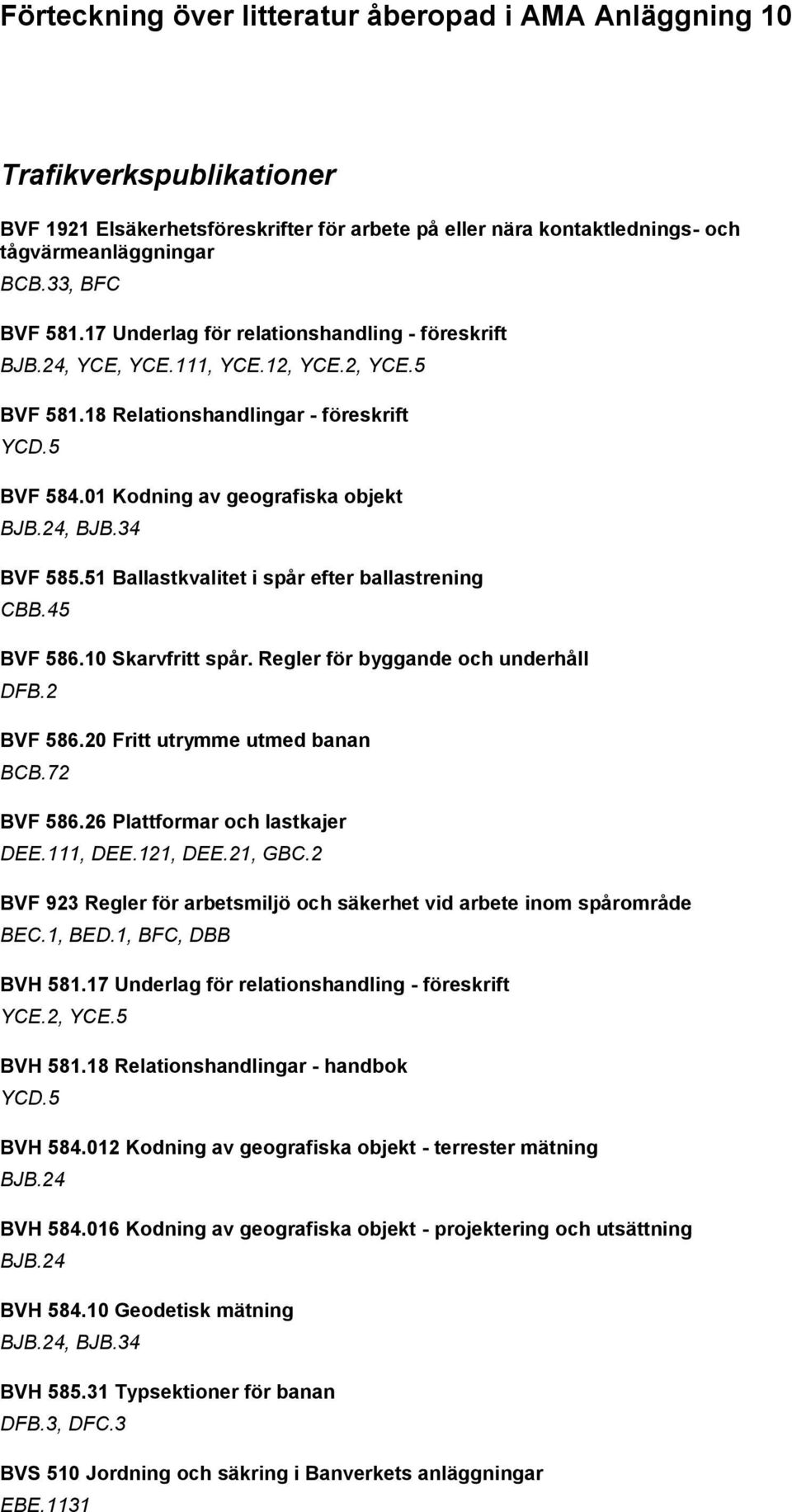 01 Kodning av geografiska objekt BJB.24, BJB.34 BVF 585.51 Ballastkvalitet i spår efter ballastrening CBB.45 BVF 586.10 Skarvfritt spår. Regler för byggande och underhåll DFB.2 BVF 586.